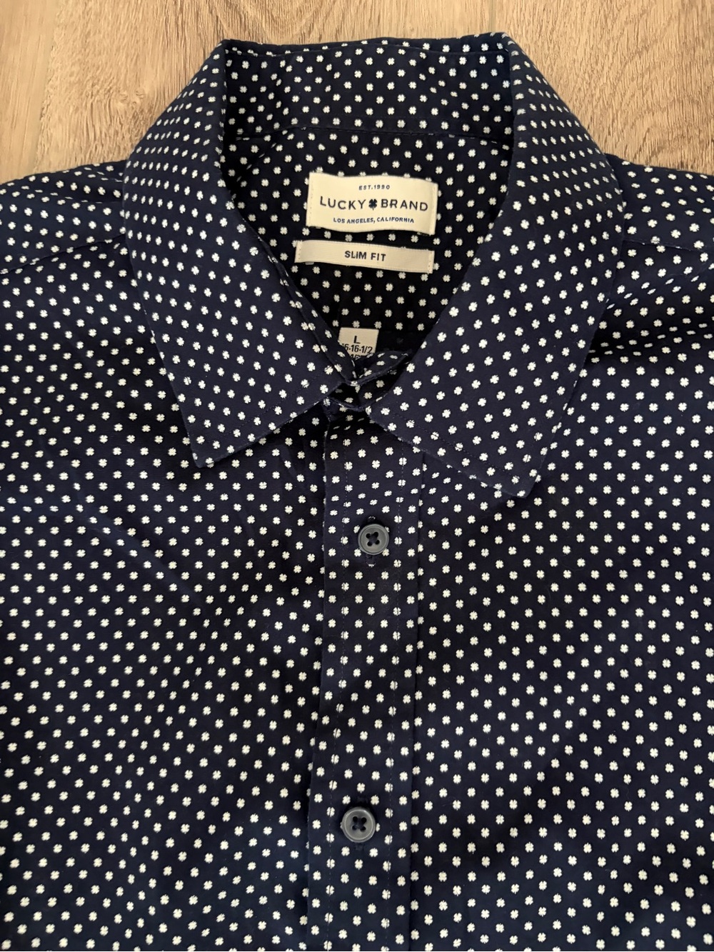 Lucky Brand Navy Blue Button-Down with White Micro Dot Pattern